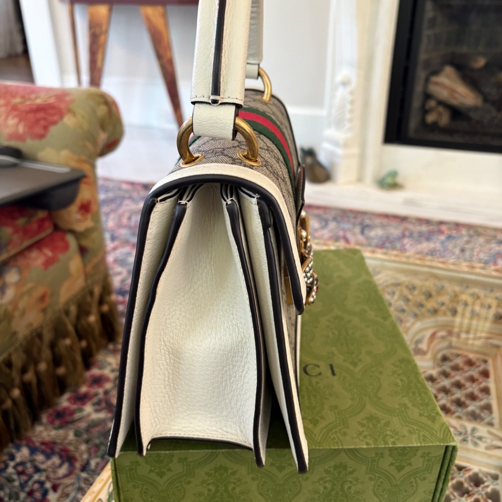 Limited Edition GUCCI White Leather GG Supreme Queen Margaret Pearl/Garnet Bee - Picture 6 of 13